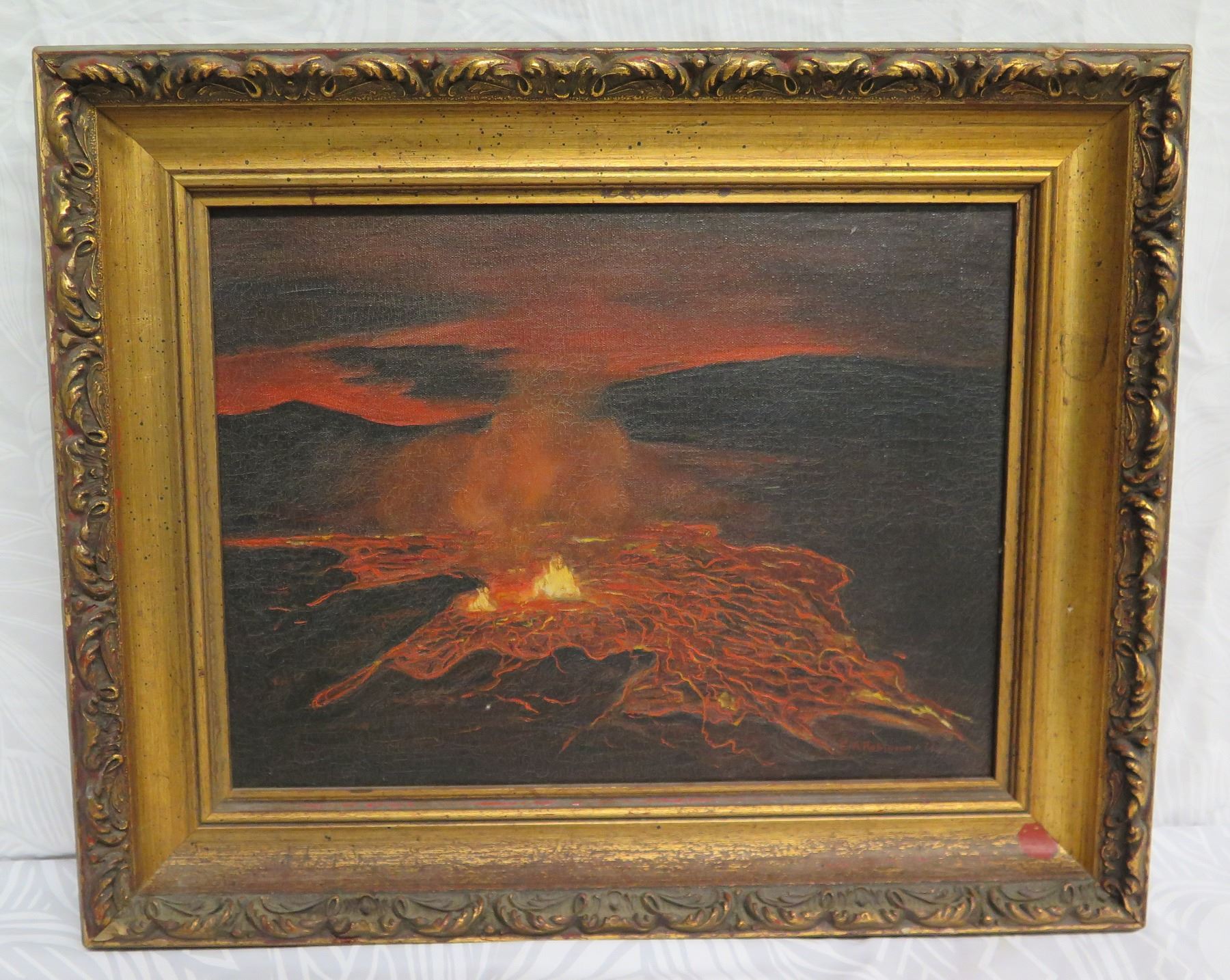 Valcano Frame Original Painting, Volcano, Signed by Artist Robinson, Gilded Frame 21