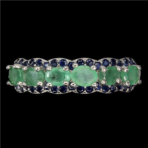 Unheated Oval Emerald 4x3mm Sapphire Diamond Cut 14 k White Gold over 925 Sterling Silver Ring Size