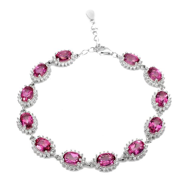 Oval Pink Topaz 7x5mm Cz 14K White Gold over 925 Sterling Silver Bracelet 7 Inches