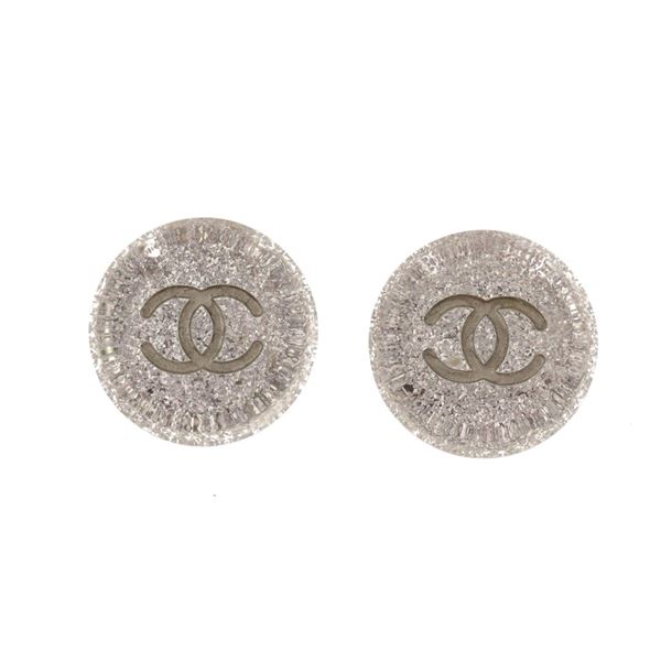 Chanel Silver-tone Crystal Resin CC Round Clip-on Earrings