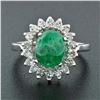 Image 2 : Vintage 14k White Gold 2.89 ctw Oval Cabochon Emerald Diamond Halo Flower Ring
