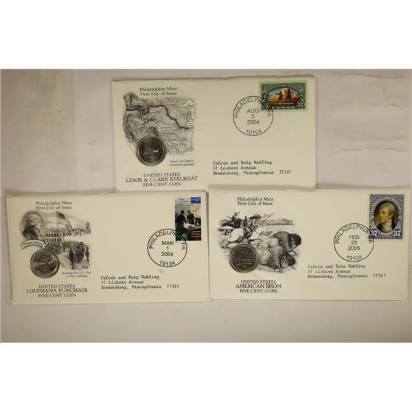 3 FIRST DAY ISSUE ENVELOPES WITH JEFFERSON NICKELS