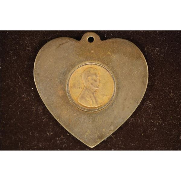 ENCASED 1946 LINCOLN WHEAT CENT IN METAL HEART