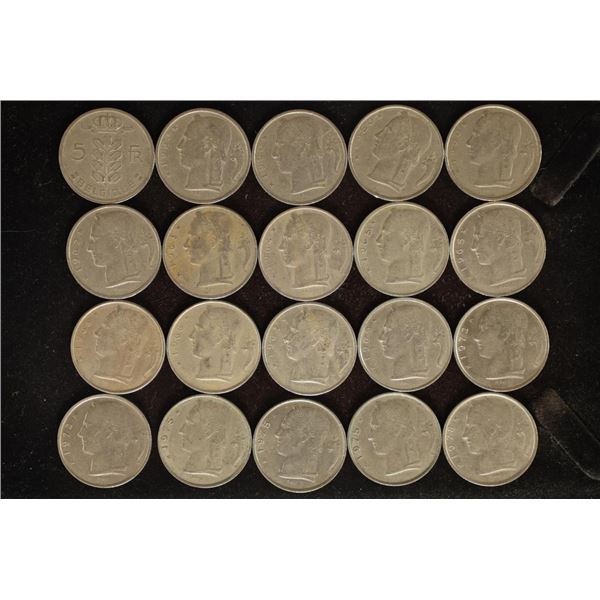 20-ASSORTED BELGUIM 5 FRANC COINS: DATES RANGE