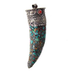 Vintage Tibet Brass & Turquoise Horn Pendant (ANT-521)