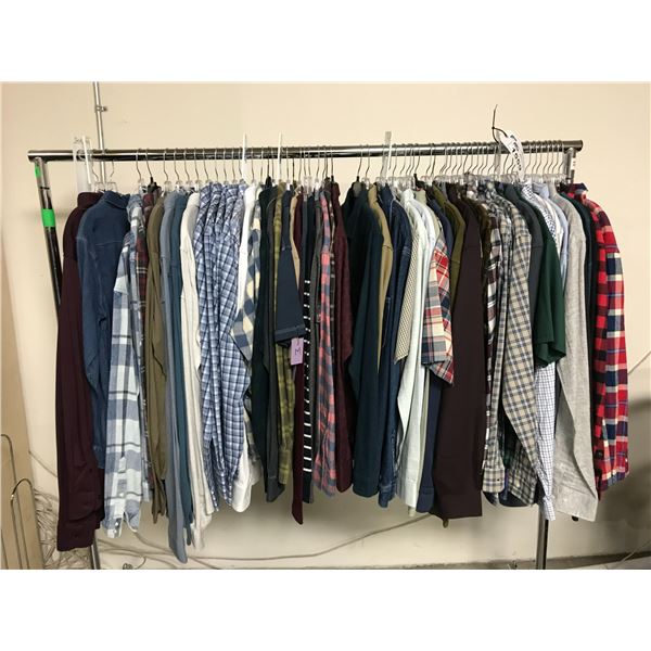 RACK OF ASSORTED SIZED CLOTHING (MANY NEW WITH TAGS) BRANDS INCLUDE; RALPH LAUREN, CARHARTT, JACK...