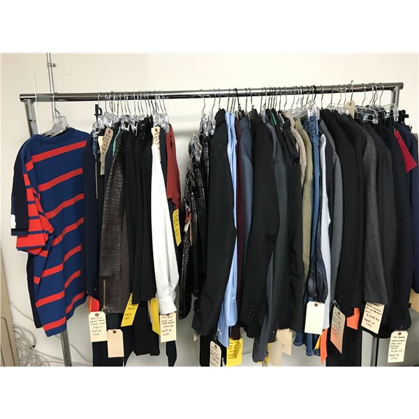 RACK OF ASSORTED SIZED CLOTHING (MANY NEW WITH TAGS) BRANDS INCLUDE; LACOSTE, SAKS 5TH AVE. BROOK...