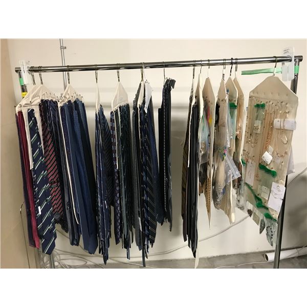 RACK OF ASSORTED TIES AND ACCESSORIES (RACK INCLUDED)
