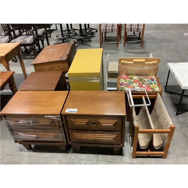 LOT OF MISC FURNITURE ITEMS; END TABLES WRITING DESK, SHELVING AND MORE