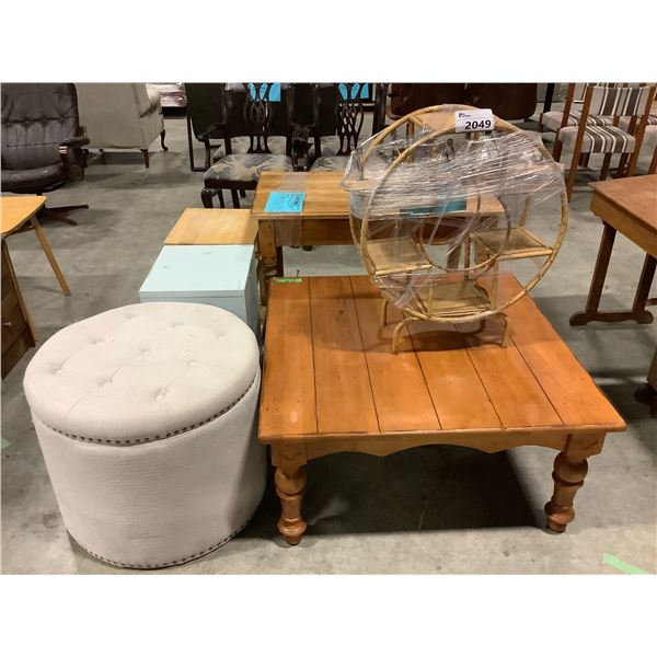 LOT OF FURNITURE ITEMS; COFFEE TABLE, WRITING DESK, END TABLES AND MORE