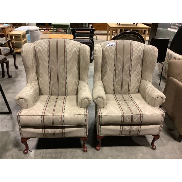 PAIR OF QUEEN AND STYLE WINGBACK ARMCHAIRS