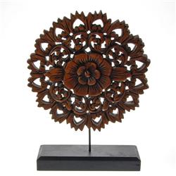 Burmese Teak Carved Lotus Panel On Base  (CLB-311)