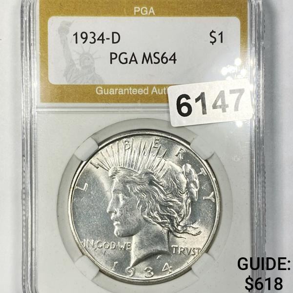 1934-D Silver Peace Dollar PGA - MS64