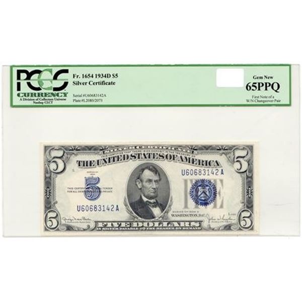Fr.1654 1934D $5 Silver Certificate PCGS MS-65 PPQ