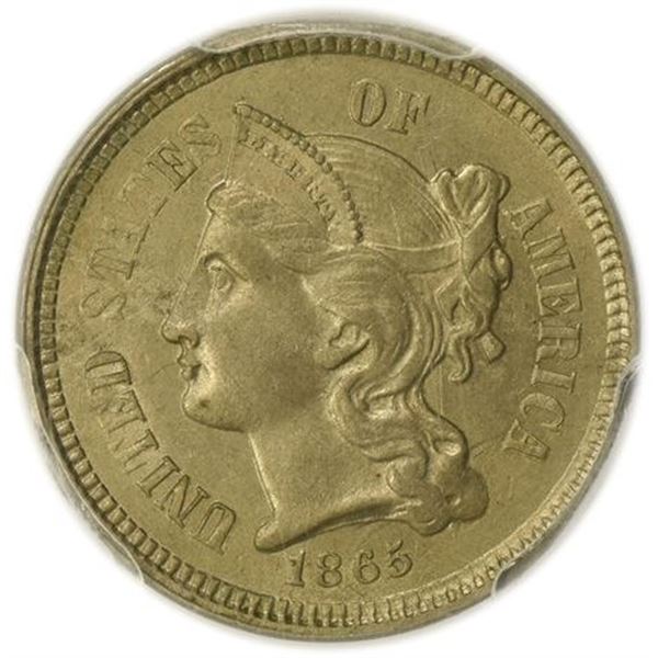 1865 CuNi Three Cents PCGS AU-58