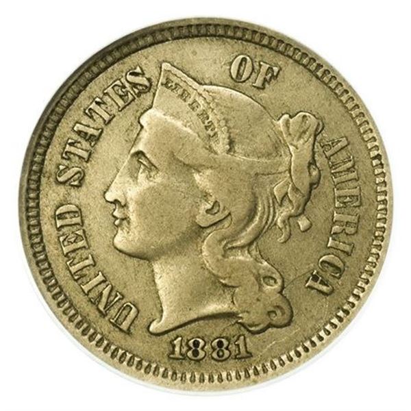 1881 CuNi Three Cents ANACS VF-30