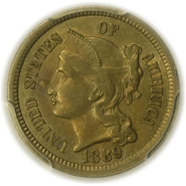 1889 CuNi Three Cents PCGS AU-55
