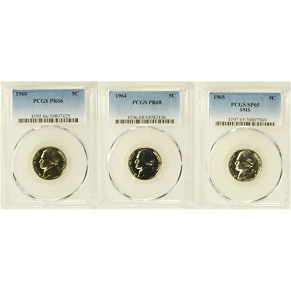 3 PCGS Proof Jefferson Nickels 1960, 64, 65 SMS