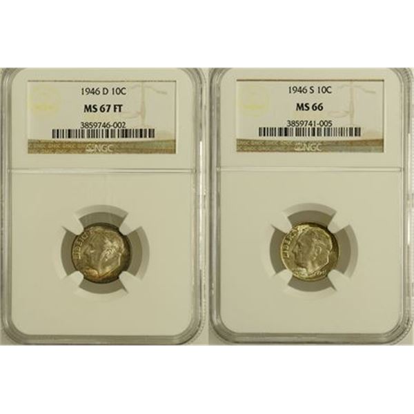 Roosevelt Dimes 1946-D MS-67 FT and 1946-S MS-66