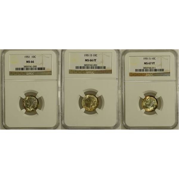 3 Dime 1951 MS-66, 1951D MS-66 F, 1951S MS-67 NGC