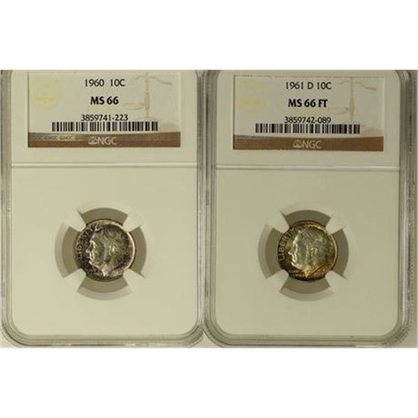 Roosevelt Dimes 1960 MS-66 & 1961-D MS-66 FT NGC