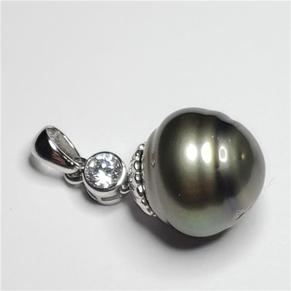 SILVER GENUINE TAHITIAN PEARL, CZ 13-14MM PENDANT