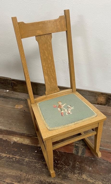 Antique Oak Rocker w/ Needlepoint Seat - NO SHIP