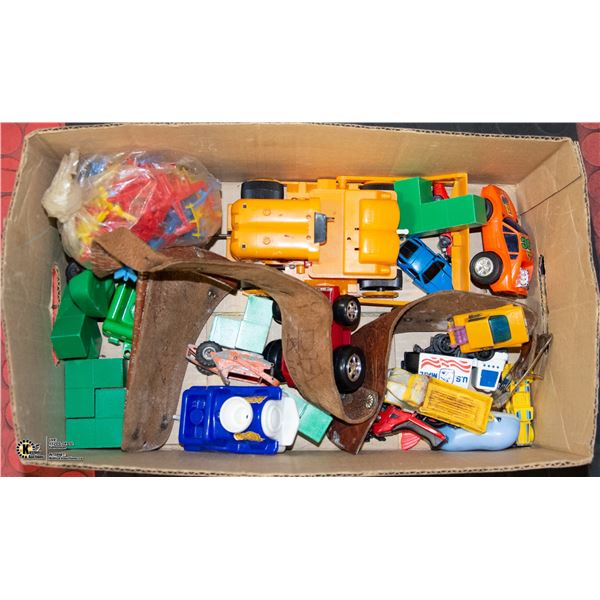 BOX OF OLD TOYS & CAP GUN HOLSTER