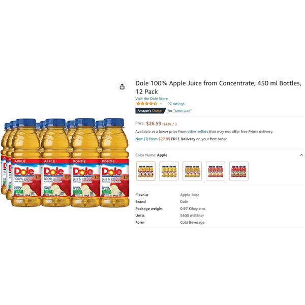 DOLE 100% APPLE JUICE FROM CONCENTRATE 450ML