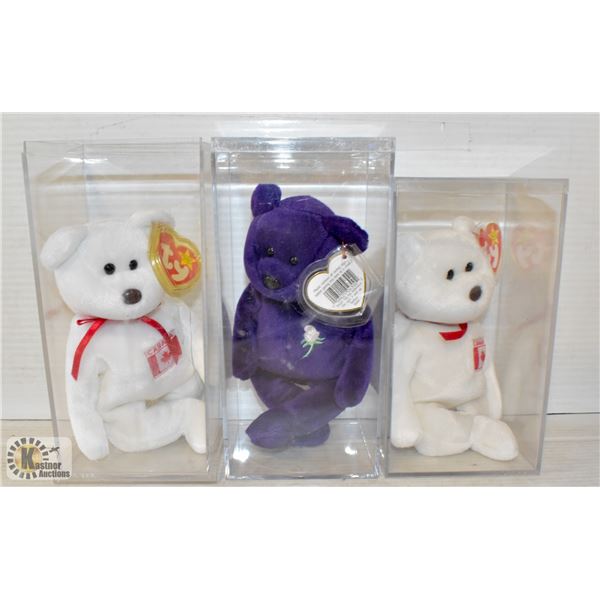 3 X BEANIE BABIES INCLUDING DIANA PRINCESS BEAR