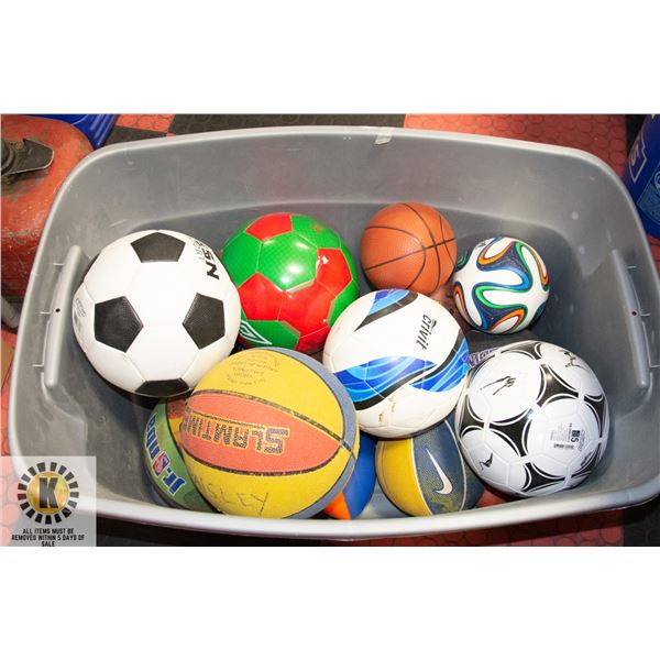 BIN WITH APPROX 15 VARIOUS SPORTS BALLS