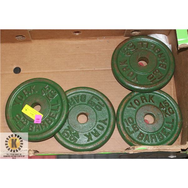 4 X 10 LBS STEEL PLATES OF YORK BARBELL WEIGHTS