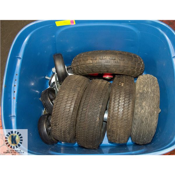 BOX W/ HEAVY-DUTY CART AND WHEEL BARROW WHEELS.