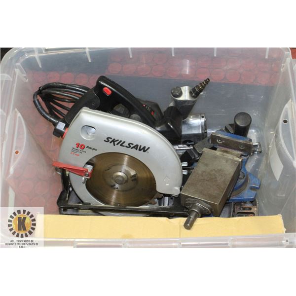 ESTATE BOX W/ TOOLS: AIR IMPACT GUN, VISE, SAWZALL