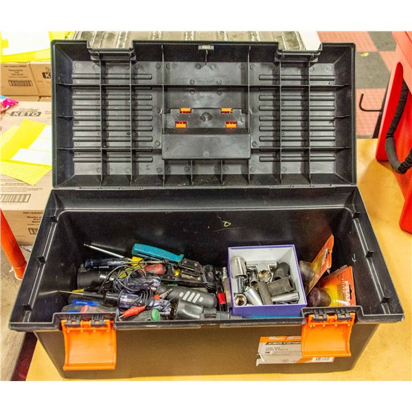 TOOL BOX W/ SCREWDRIVERS, SOCKETS, HAMMERS AND