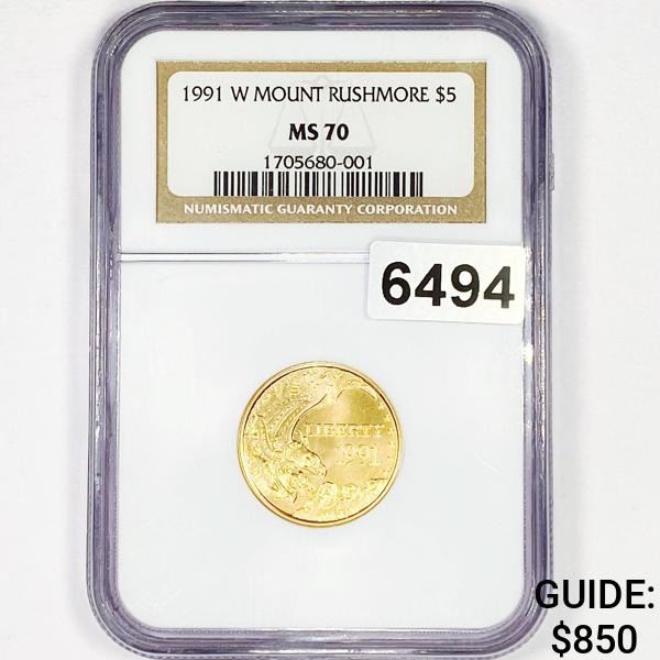 1991-W MT Rushmore $5 Gold Half Eagle NGC - MS70