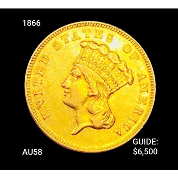 1866 $3 Gold Piece CHOICE AU