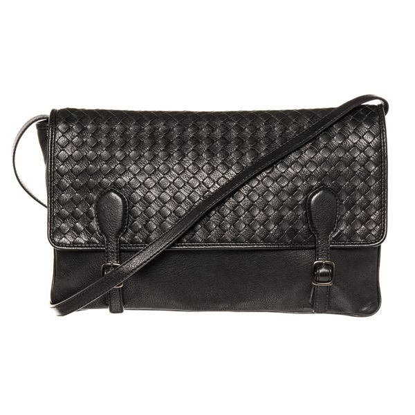 Bottega Veneta Black Intrecciato Leather Buckle Large Messenger Bag