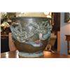 Image 2 : ANTIQUE JAPANESE POLYCHROME BRONZE CLOISONNE CACHEPOT W/HIGH RELIEF CIRCULAR DRAGONS; SIGNED (15 3/4