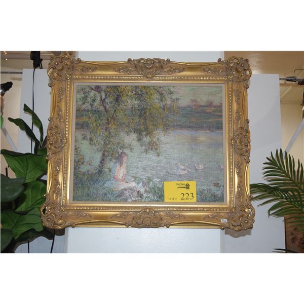 FRAMED PAINTING, GIRL W/DOG AT RIVER (26 14" X 21 1/4")