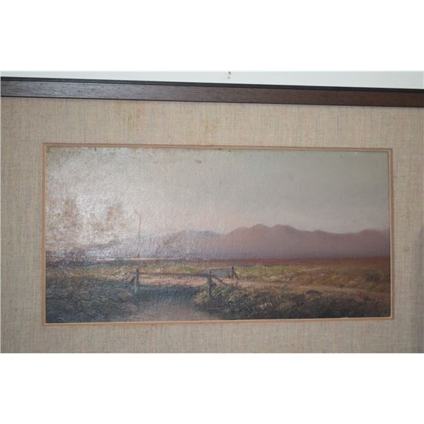FRAMED OIL, "MOUNTAINS & BRIDGE" (17" X 26 1/")