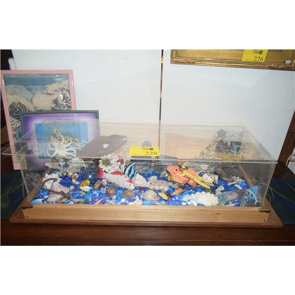 FAUX AQUARIUM W/CORAL, SHELLS, FISHING FLOAT, DIVER, TREASURE CHEST, ETC. & 2 PRINTS (41" X 14" X 11