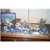 Image 2 : FAUX AQUARIUM W/CORAL, SHELLS, FISHING FLOAT, DIVER, TREASURE CHEST, ETC. & 2 PRINTS (41" X 14" X 11