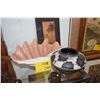 Image 1 : CERAMIC VASE; SIGNED LEROY TABA, HAWAII, CERAMIC CLAM SHELL & ETCHED WOOD PANEL (PALM TREES) (3 PCS)