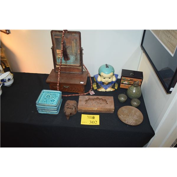 MIXED LOT: DRESSER MIRROR, PLATES, STATUARY, SAKE SET & BANK (14 PCS)