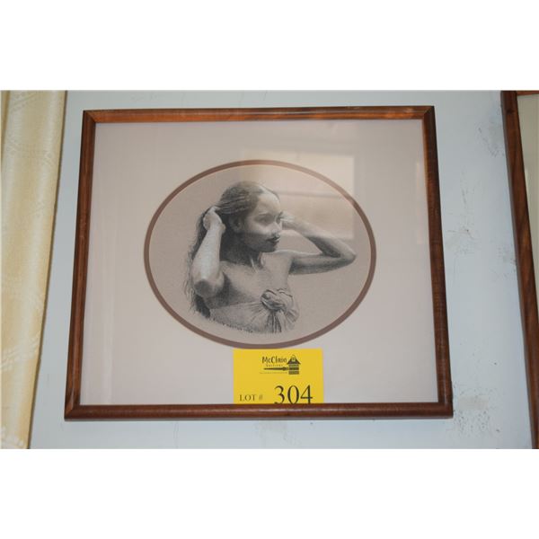 KOA FRAMED ORIGINAL GRAPHITE DRAWING, "HAWAIIAN WOMAN"; SIGNED EDWIN KAYTON, C. 1996 (17" X 14 3/4")