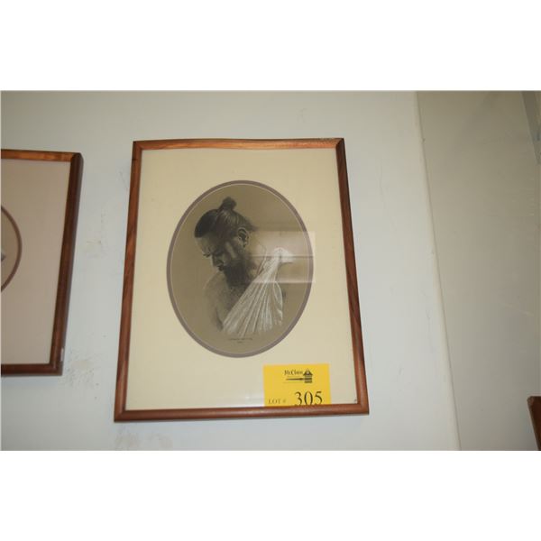 KOA FRAMED ORIGINAL GRAPHITE DRAWING, "HAWAIIAN MAN"; SIGNED EDWIN KAYTON, C. 1996 (15" X 19")