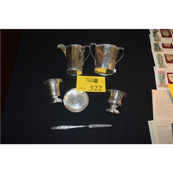 STERLING CREAMER & SUGAR BY MAYNARD & COMPANY, BOSTON, STERLING NUT DISH, STERLING TOOTHPICK HOLDERS