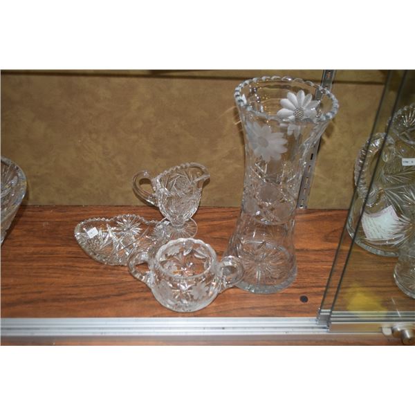 COLLECTION CUT GLASS: VASE W/DAISY PATTERN, OLIVE DISH, CREAM & SUGAR (4 PCS)