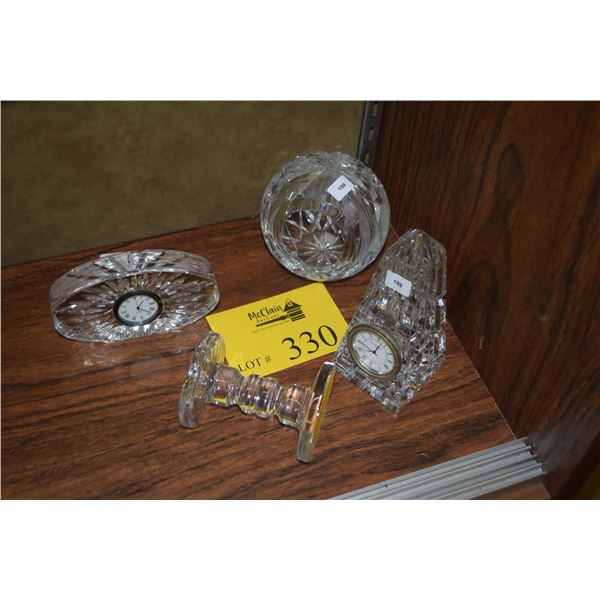 WATERFORD CRYSTAL CLOCKS, KNIFE REST & WATERFORD CIGAR ASHTRAY (4 PCS)